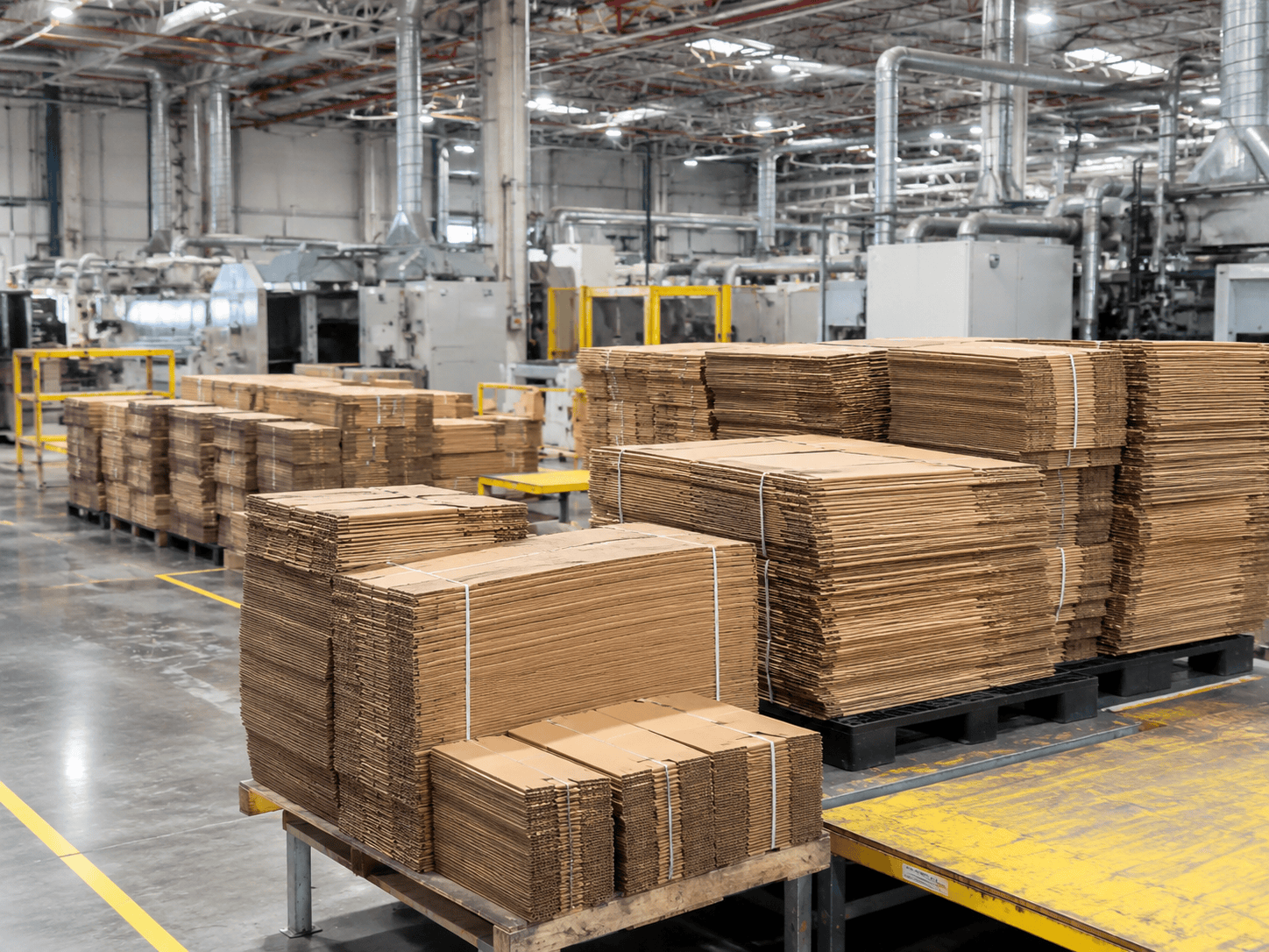 Stacks of custom corrugated packaging and shipping boxes prepared for delivery