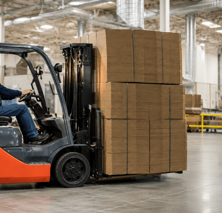 Packaging fulfillment and shipping workflow with cartons moving through a warehouse