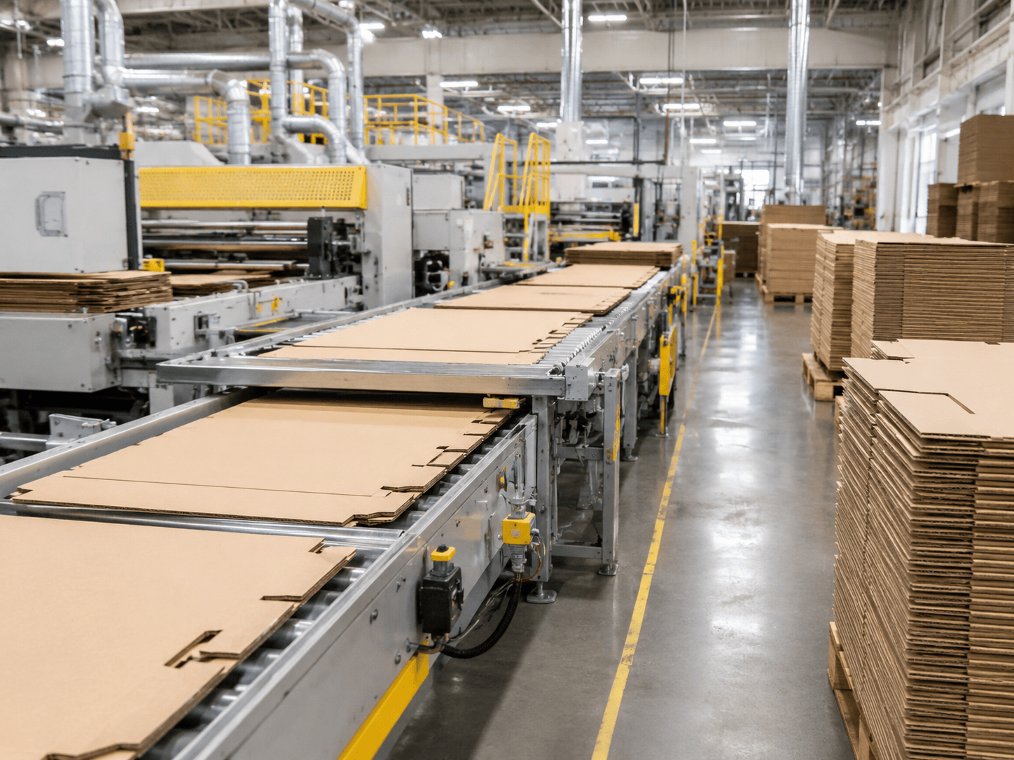 Packaging fulfillment line with corrugated cartons prepared for shipping and supply chain distribution