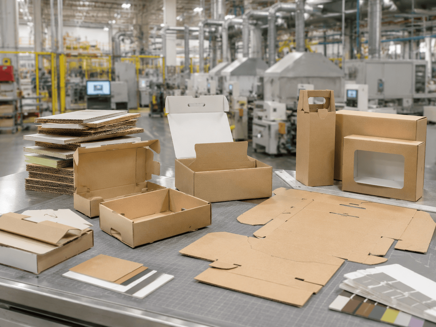 Packaging design team reviewing corrugated box samples and product packaging layouts